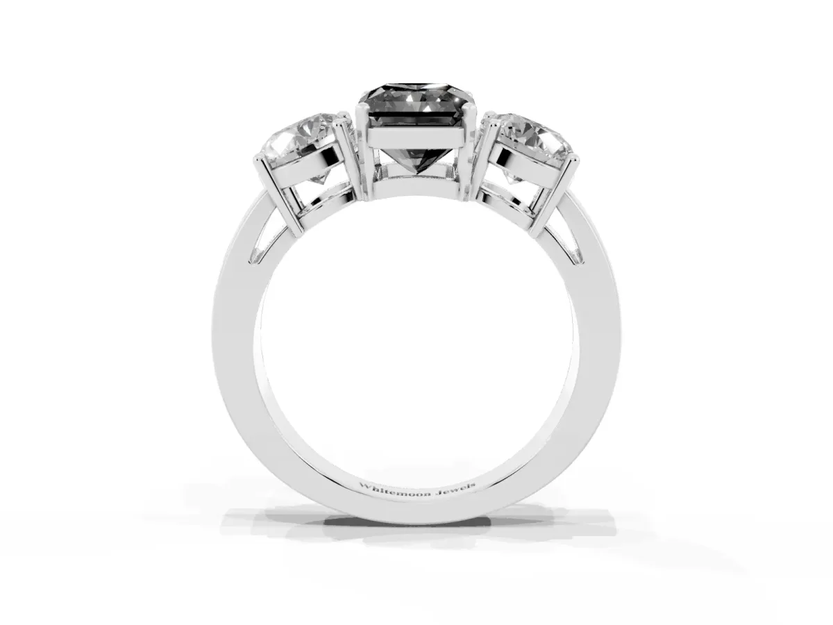Fancy Black Three-Stone Radiant Cut Diamond Ring with Round Side Stones, Classic Band, and Four-Prong Setting Platinum