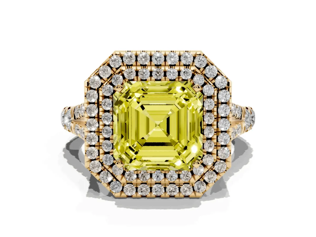 Fancy Yellow Asscher Cut Diamond Pavé Split Shank Double Halo Engagement Ring Yellow gold