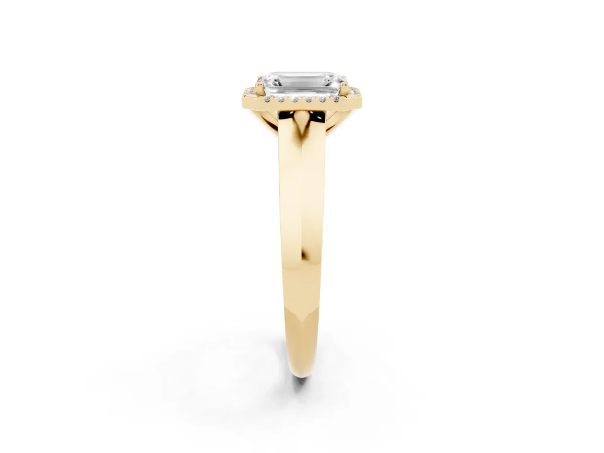 Emerald Cut Halo Diamond Ring with Cathedral Band and Four-Prong Setting Yellow gold