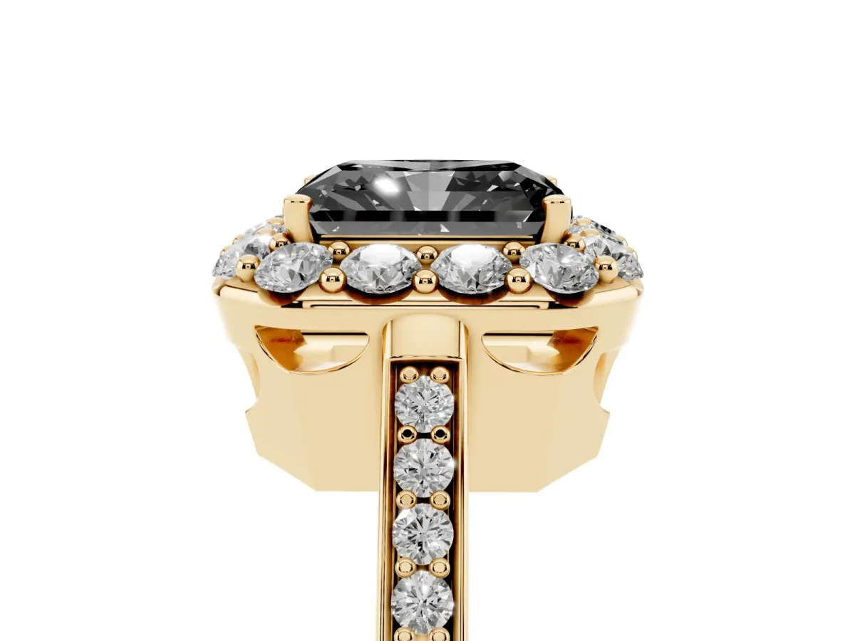 Fancy Black Radiant Cut Diamond Floral Halo Ring with Pavé Band and Prong Setting Yellow gold