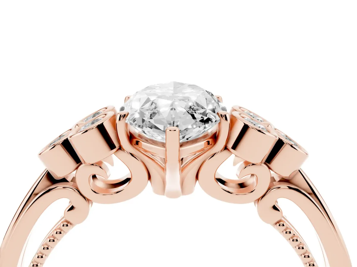 Marquise Cut Cut Diamond Engagement Ring with Bezel Set Round Side Stones and Prong Setting Rose gold
