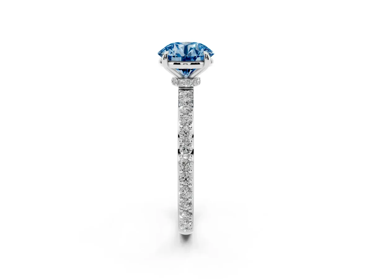 Fancy Blue Round Cut Diamond Pavé Engagement Ring with Round Accents and Prong Setting Silver