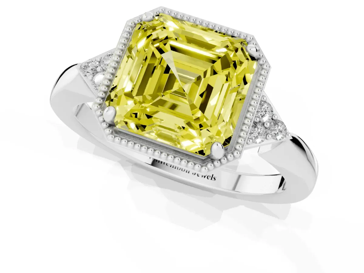 Fancy Yellow Asscher Cut Diamond Halo Ring with Tapered Band and Four-Prong Setting Platinum