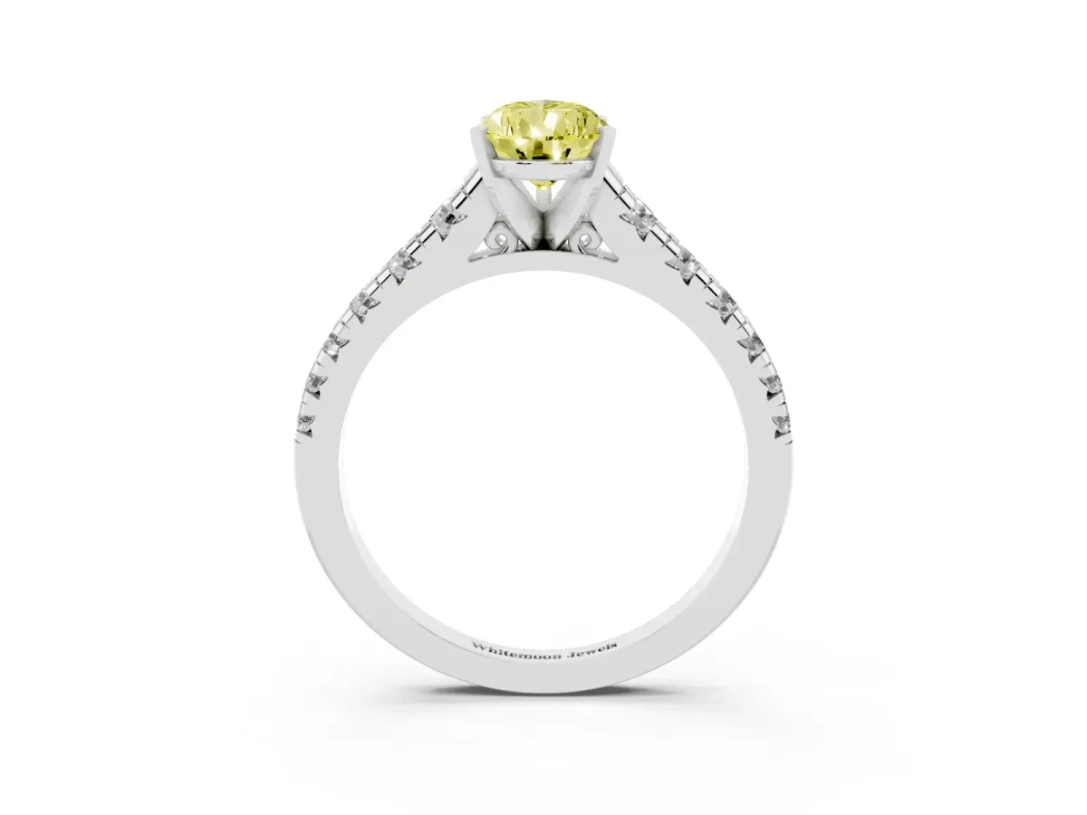 Fancy Yellow Pear Cut Diamond Cathedral Solitaire Ring with Round Pavé Band Silver