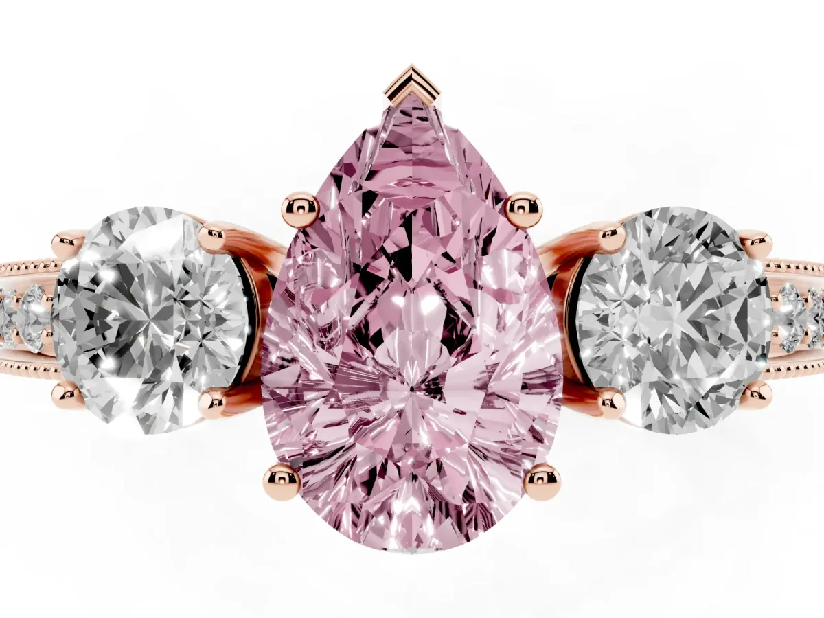 Fancy Pink Pear Cut Three-Stone Diamond Ring with Pavé Band and Four-Prong Setting Rose gold