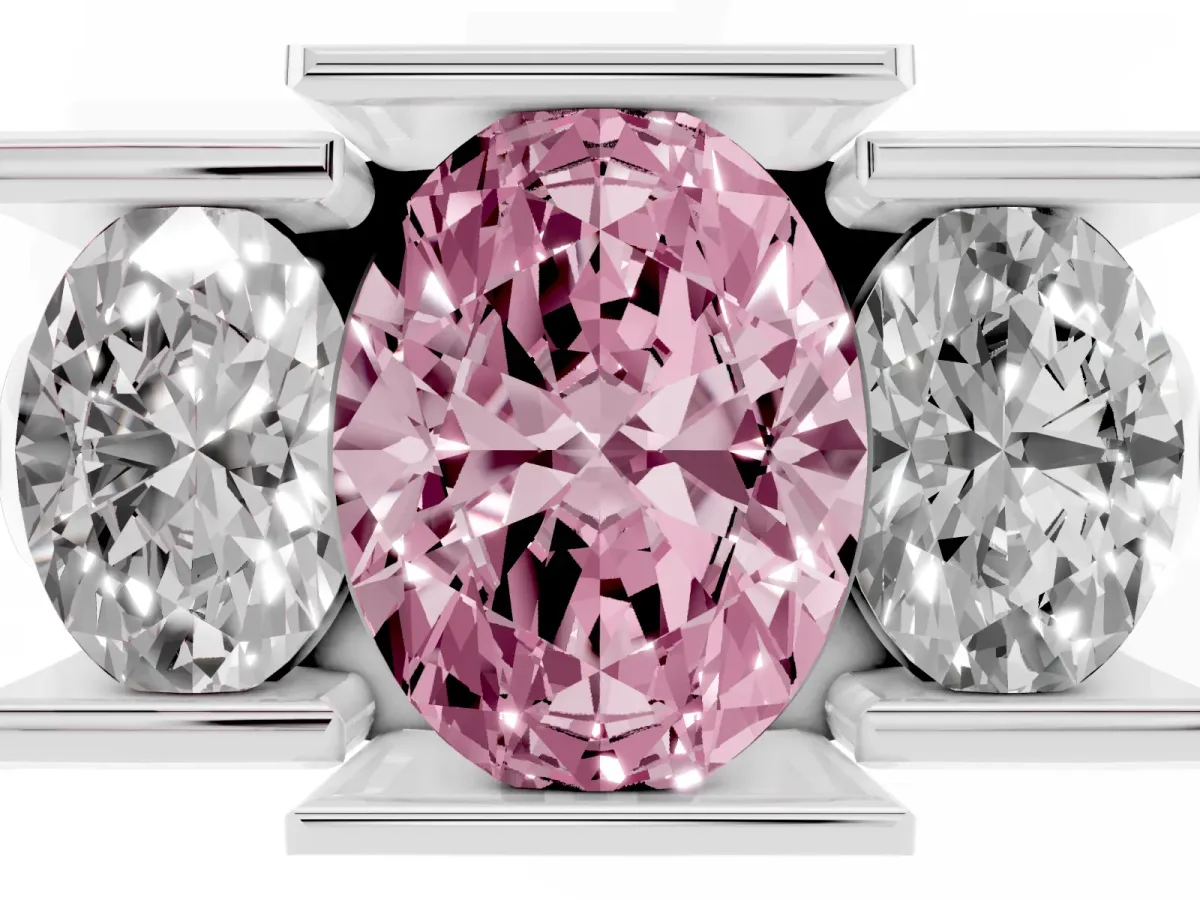 Fancy Pink Three Stone Oval Cut Cut Channel Set Diamond Ring Platinum