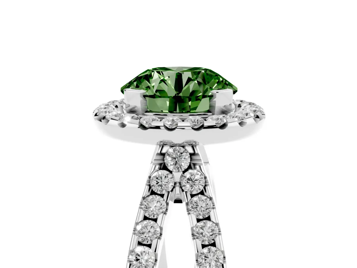 Fancy Green Round Cut Diamond Halo Ring with Split Shank Pavé Band and Prong Setting Silver
