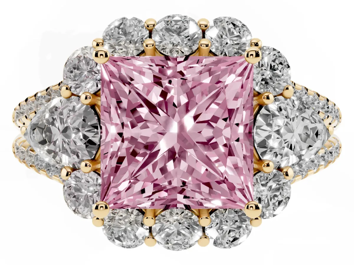 Fancy Pink Princess Cut Halo Split Shank Diamond Engagement Ring with Prong Setting Yellow gold