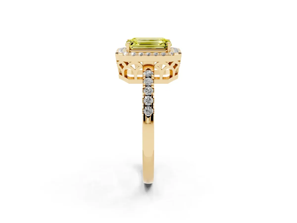 Fancy Yellow Emerald Cut Halo Diamond Engagement Ring with Pavé Band and Four-Prong Setting Yellow gold