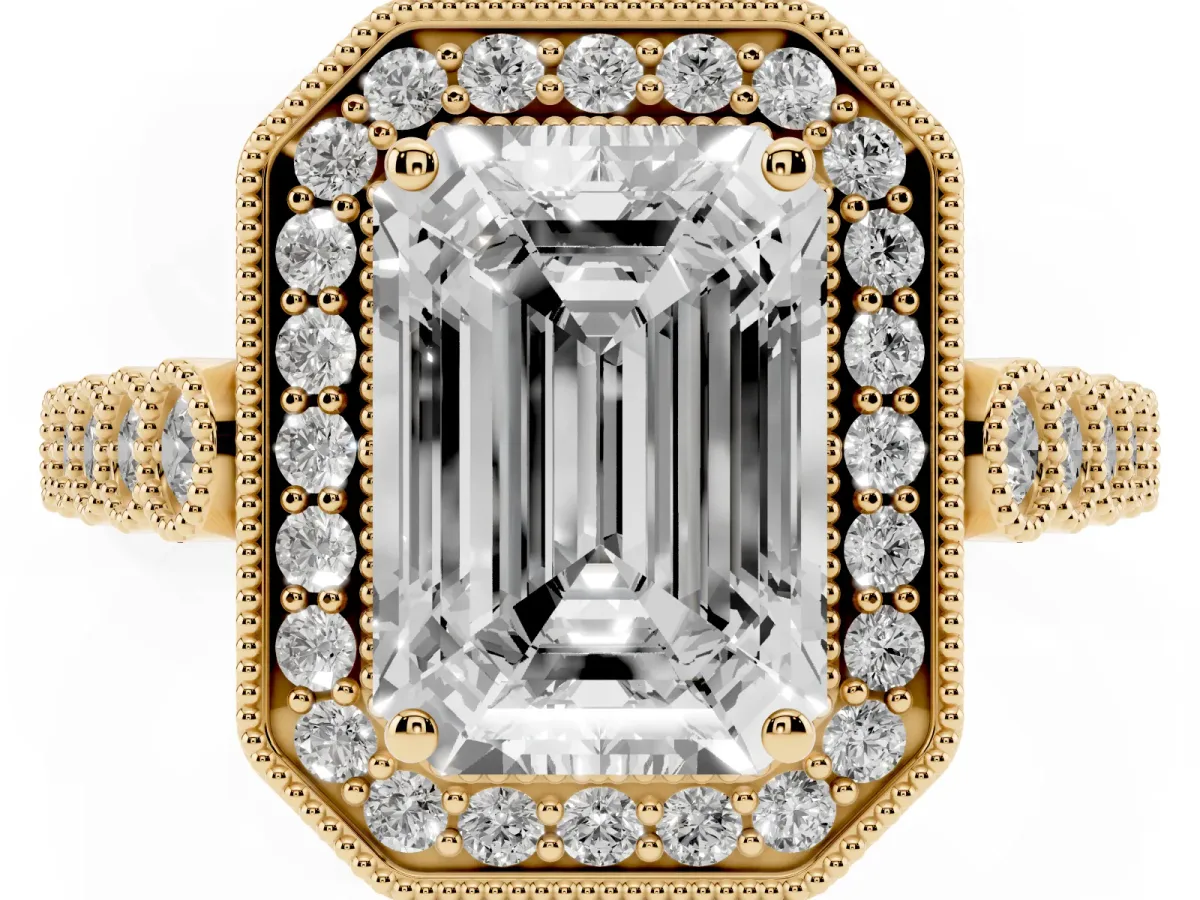 Emerald Cut Halo Milgrain Solitaire with Bezel Set Side Stones and Pave Band Yellow gold