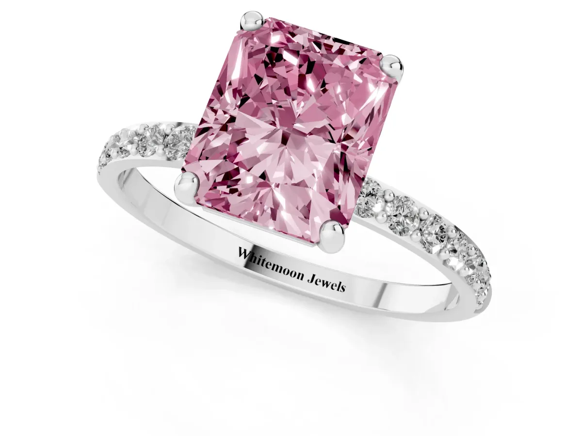 Fancy Pink Radiant Cut Diamond Solitaire Ring with Round Pavé Band and Prong Setting Silver
