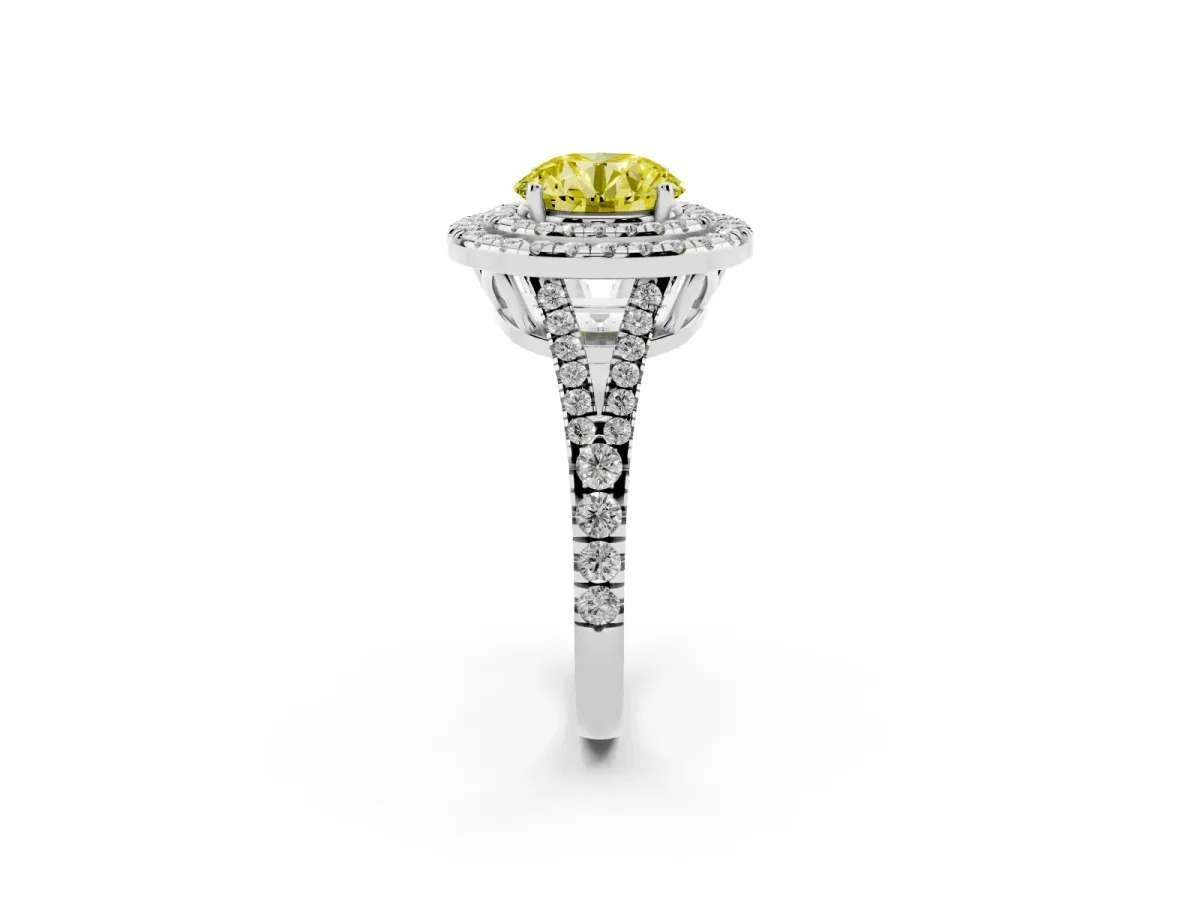 Fancy Yellow Round Cut Diamond Double Halo Ring with Pavé Band and Prong Setting Platinum