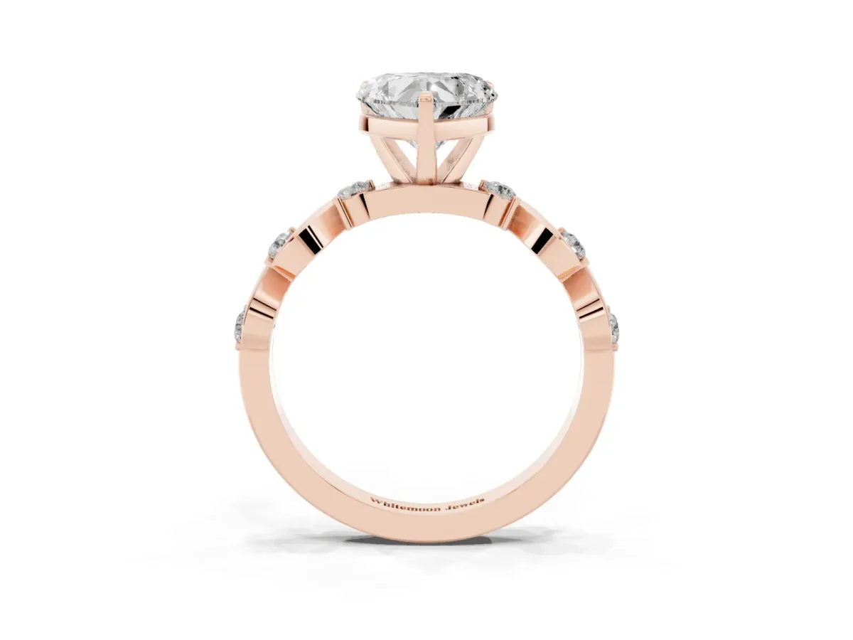 Heart Cut Diamond Solitaire Twisted Band with Round Accents and Prong Setting Rose gold