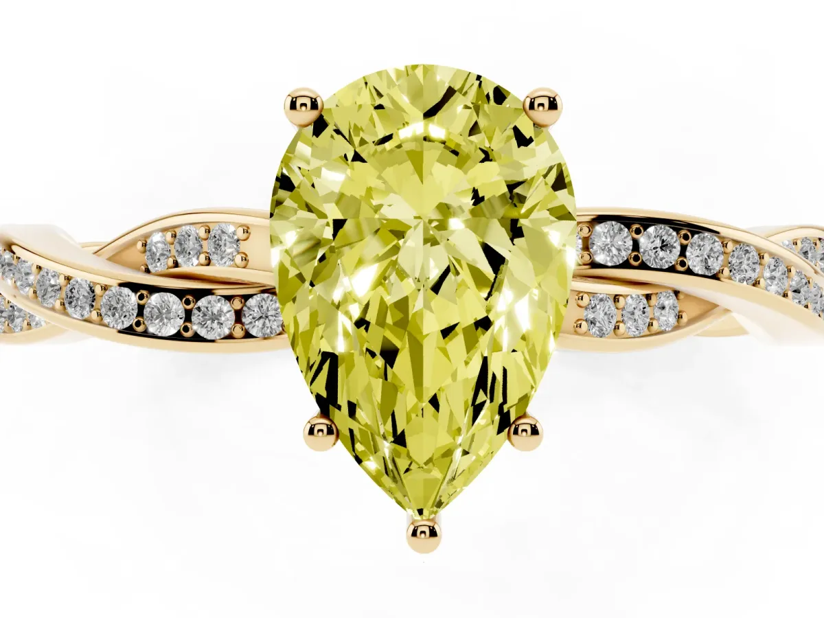 Fancy Yellow Pear Cut Solitaire Twisted Pave Diamond Ring with Four-Prong Setting Yellow gold