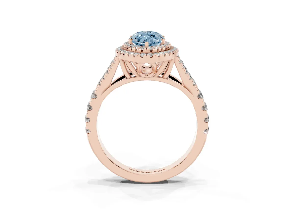 Fancy Blue Double Halo Marquise Cut Diamond Split Shank Engagement Ring with Four-Prong Setting Rose gold