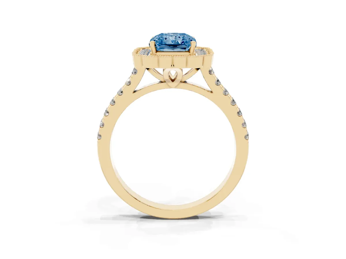 Fancy Blue Radiant Cut Cut Diamond Milgrain Floral Halo Engagement Ring with Pavé Band Yellow gold