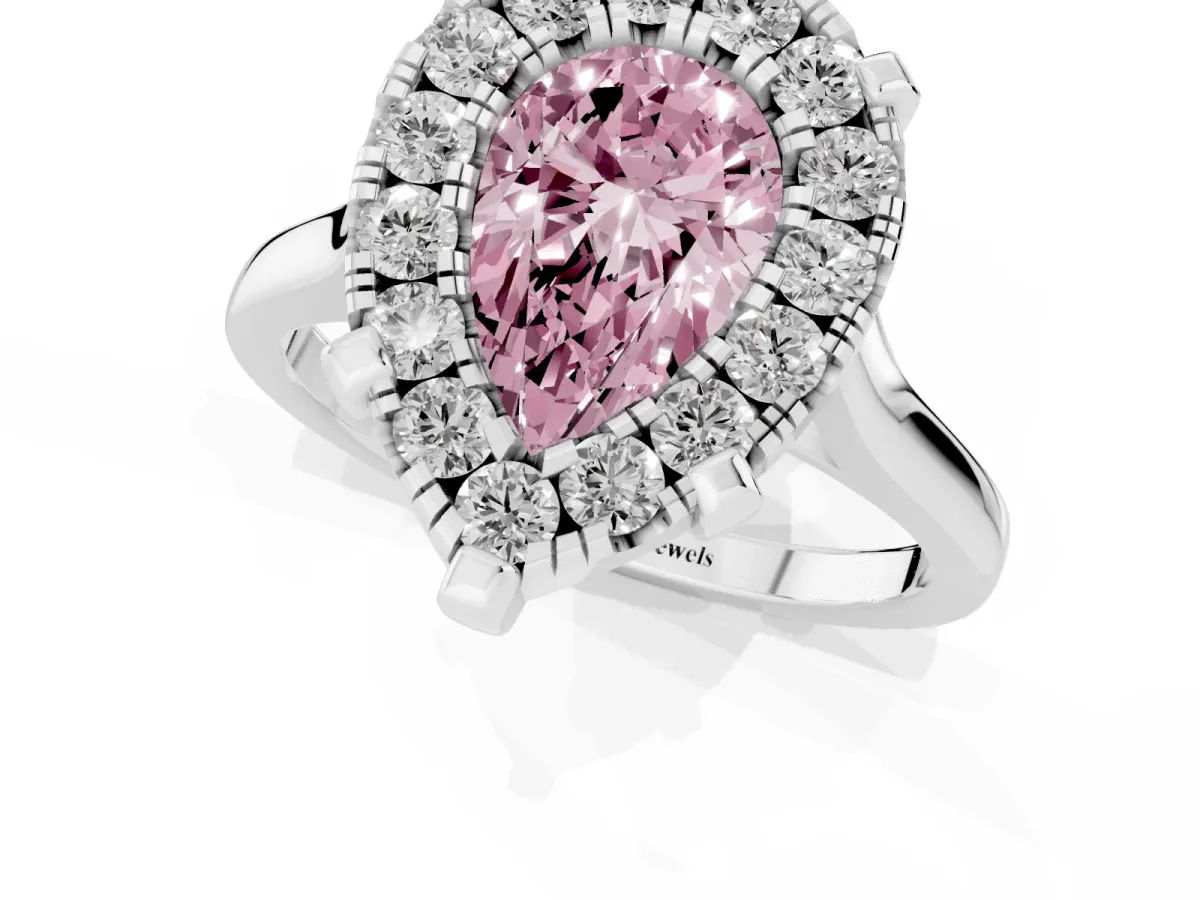 Fancy Pink Pear Cut Diamond Cluster Halo Solitaire with Four-Prong Setting Silver