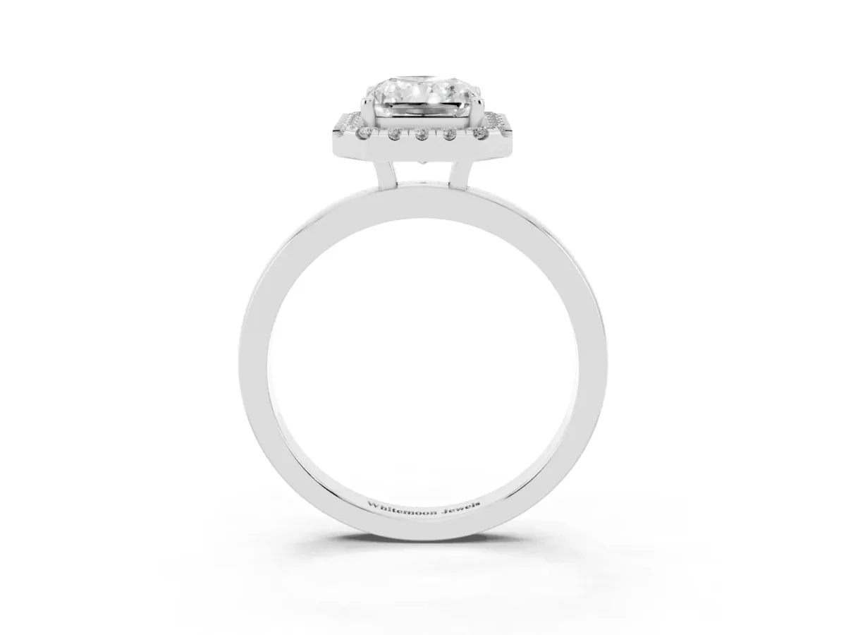 Radiant Cut Halo Diamond Solitaire with Pavé Band and Four-Prong Setting Silver