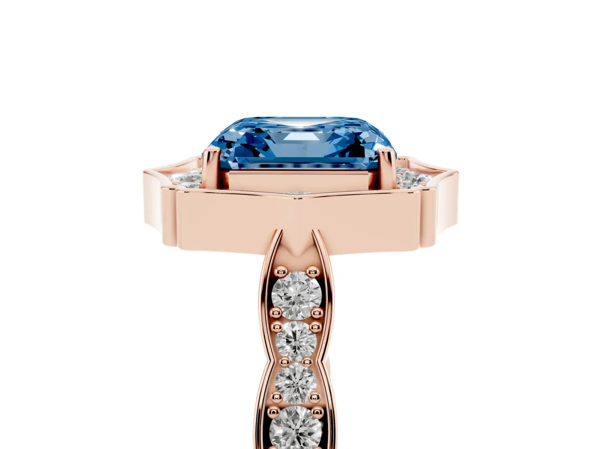 Fancy Blue Asscher Cut Halo Diamond Engagement Ring with Milgrain Band and Four-Prong Setting Rose gold