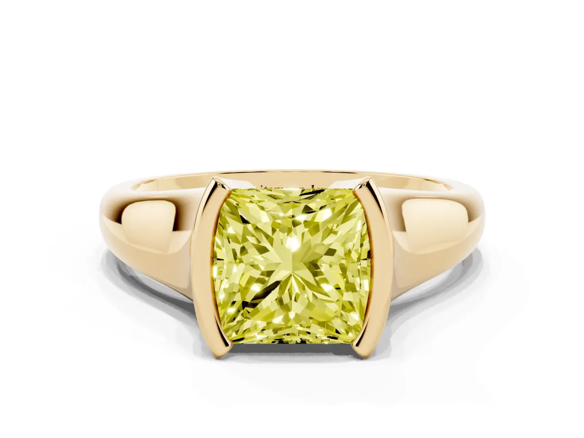 Fancy Yellow Princess Cut Solitaire Tension Set Diamond Ring with Split Shank Band Yellow gold