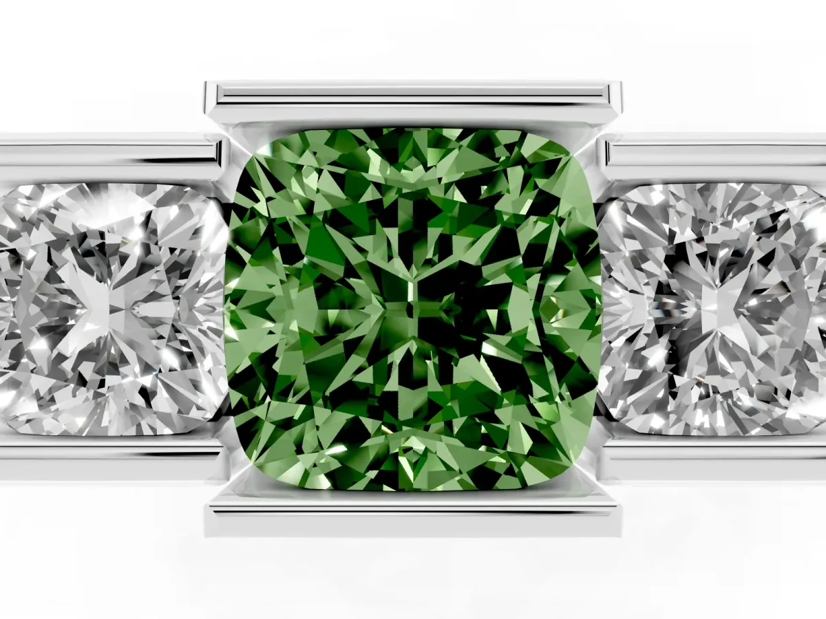 Fancy Green Three Stone Cushion Cut Cut Channel Set Diamond Ring Silver