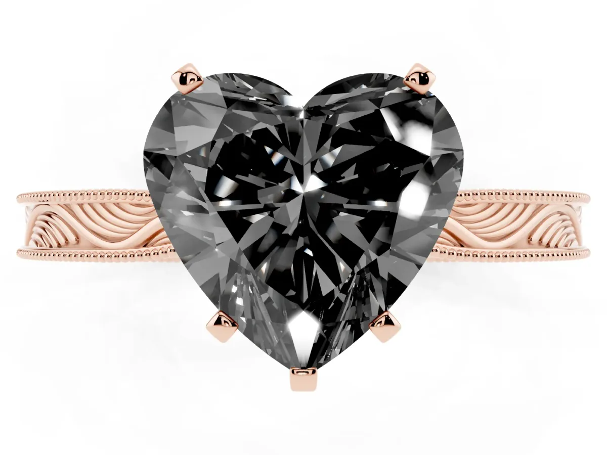 Fancy Black Heart Cut Solitaire Milgrain Engraved Band with Four-Prong Setting Rose gold