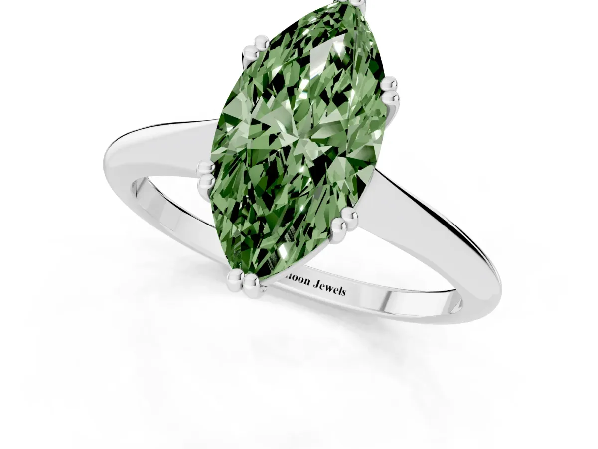 Fancy Green Marquise Cut Solitaire Diamond Ring with Six-Prong Setting and Classic Band Silver