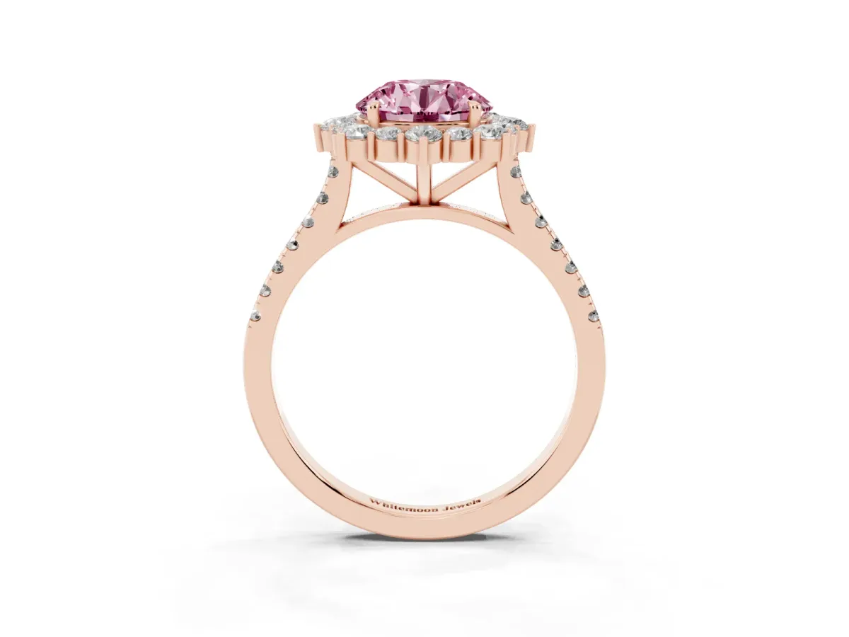 Fancy Pink Round Cut Halo Diamond Ring with Pavé Band and Prong Setting Rose gold