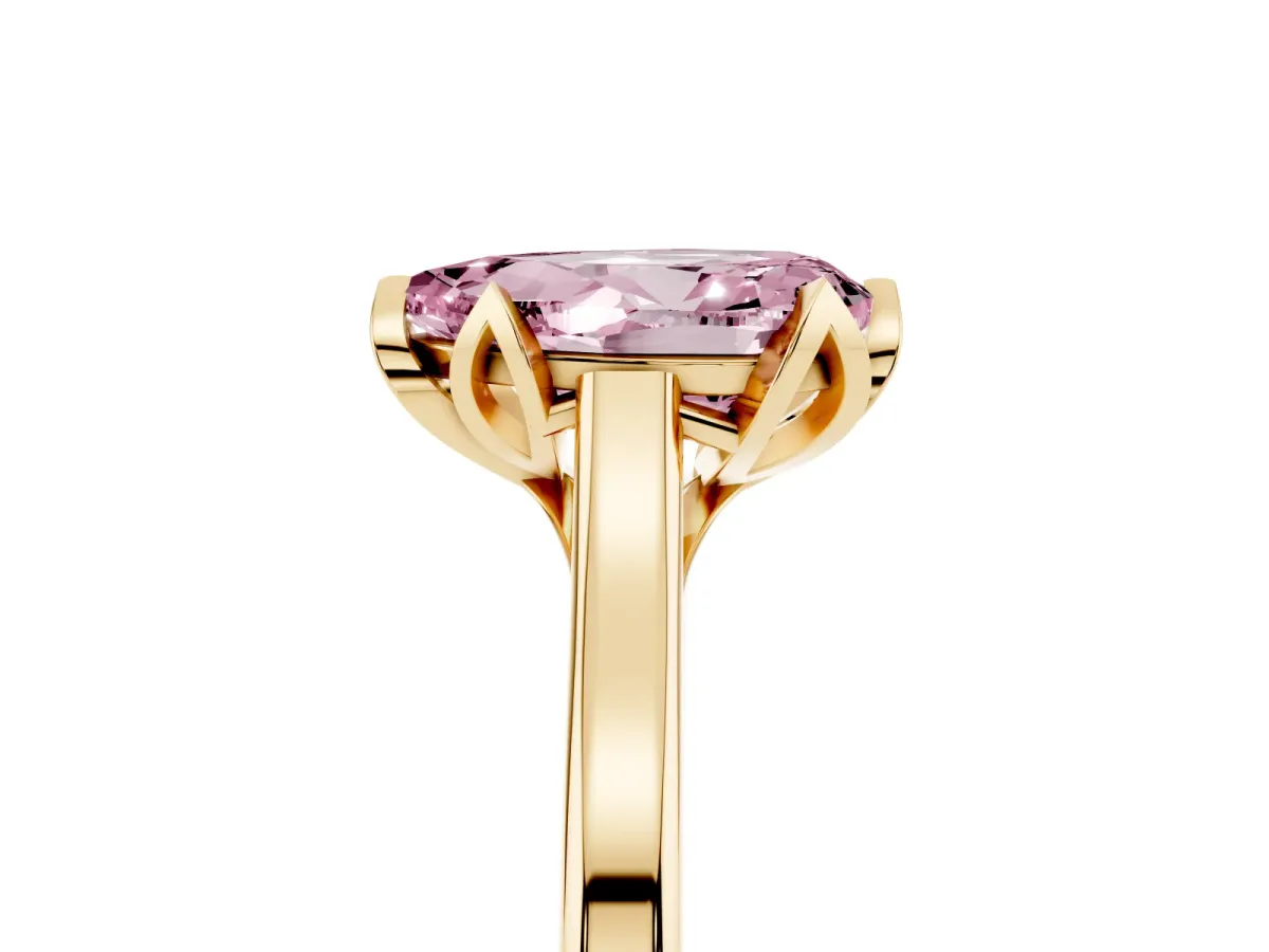 Fancy Pink Pear Cut Diamond Solitaire Ring with Flower Prong Setting and Classic Band Yellow gold