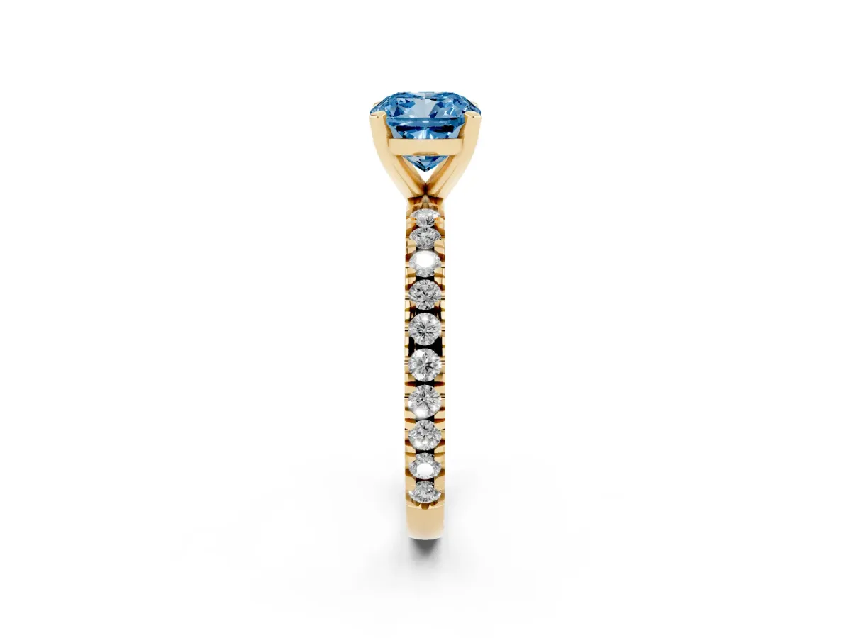Fancy Blue Cushion Cut Diamond Pavé Band Solitaire with Four-Prong Setting Yellow gold