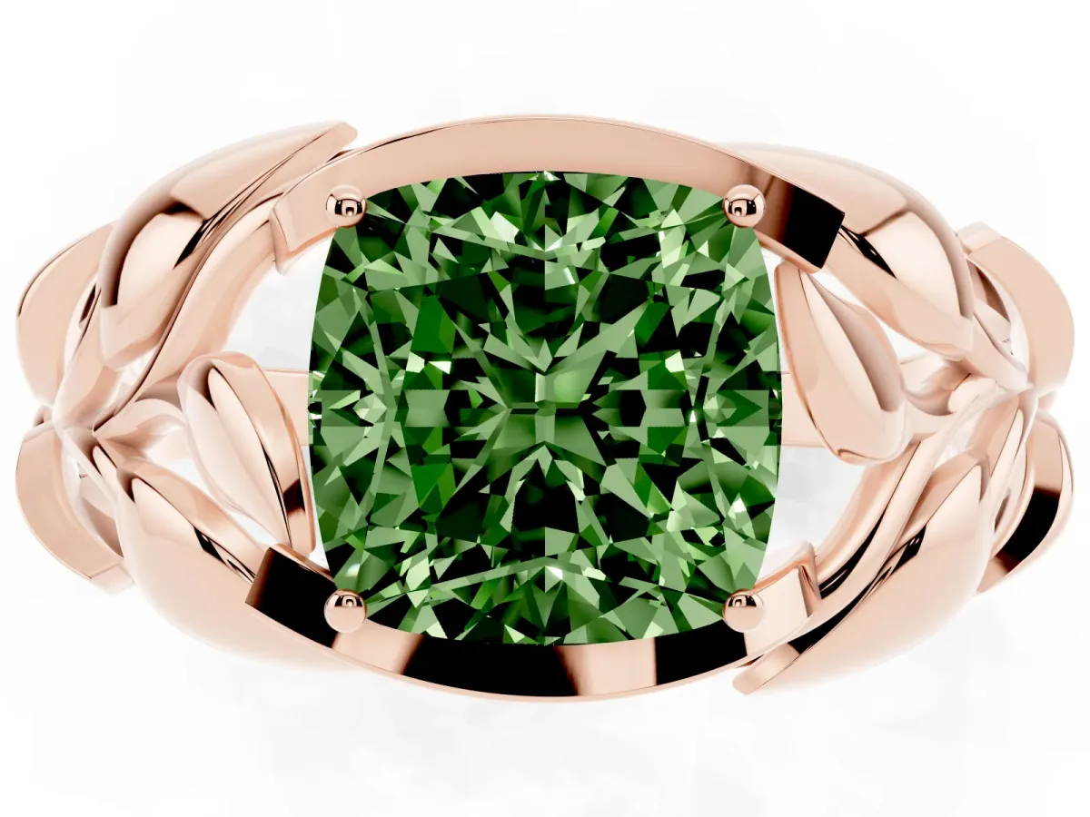 Fancy Green Cushion Cut Diamond Leaf-Inspired Engagement Ring with Round Accents and Prong Setting Rose gold
