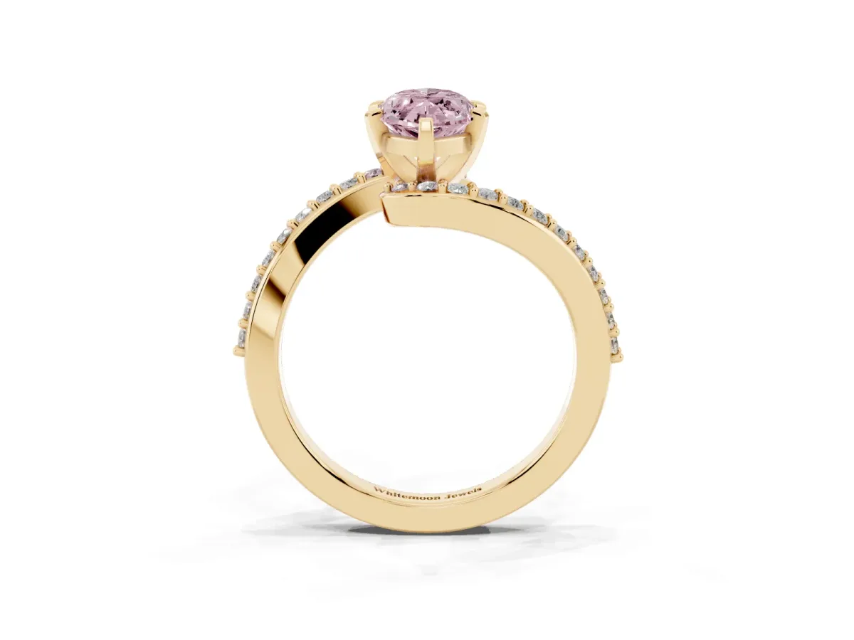 Fancy Pink Marquise Cut Solitaire Twist Band with Pave Set Diamonds and Four-Prong Setting Yellow gold