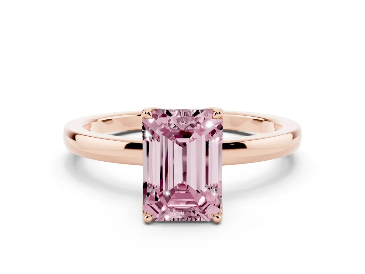 Fancy Pink Emerald Cut Diamond Solitaire Ring with Thin Band and Prong Setting Rose gold