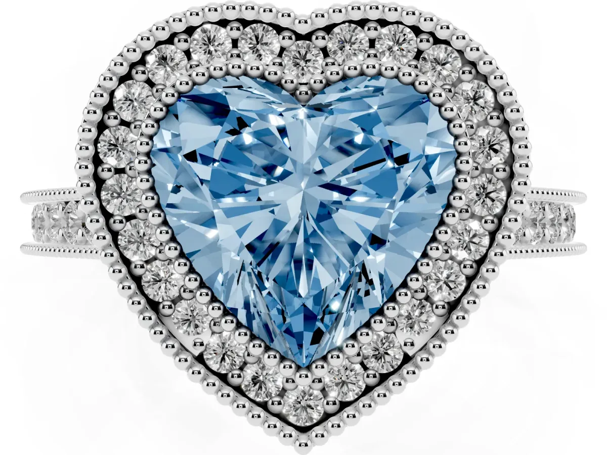 Fancy Blue Halo Heart Cut-Cut Diamond Pave Band Milgrain Prong Setting Ring Silver
