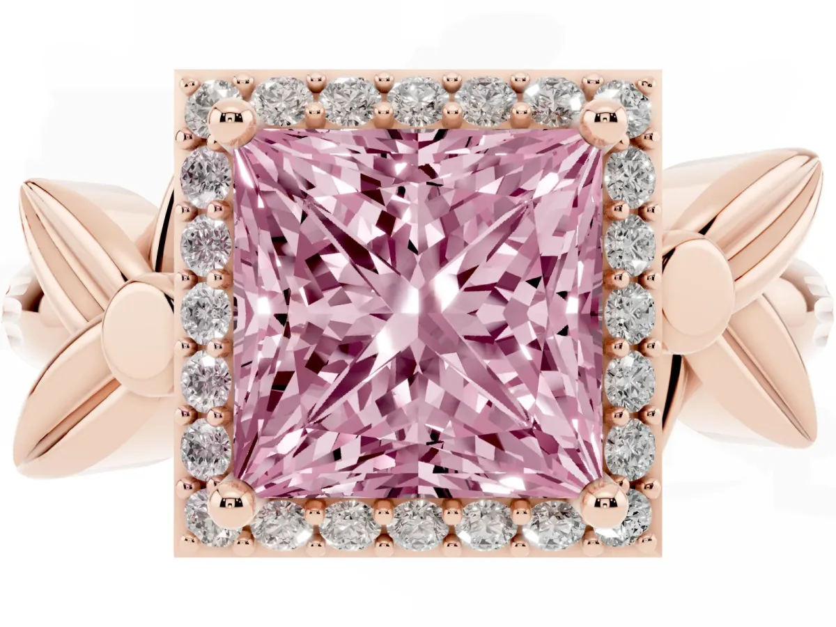 Fancy Pink Princess Cut Halo Diamond Floral Band with Four-Prong Setting Rose gold