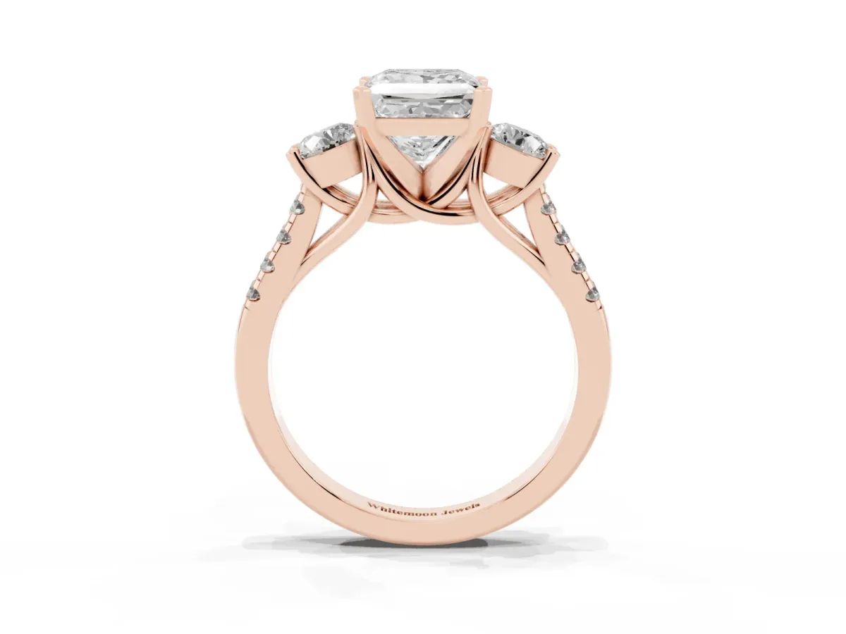 Three-Stone Princess Cut Diamond Pavé Band with Four-Prong Setting Rose gold