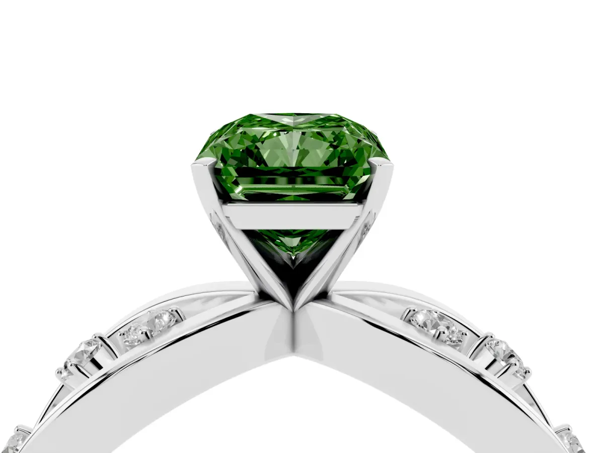 Fancy Green Radiant Cut Cut Solitaire Diamond with Side Stones on Criss-Cross Band and Four-Prong Setting Platinum