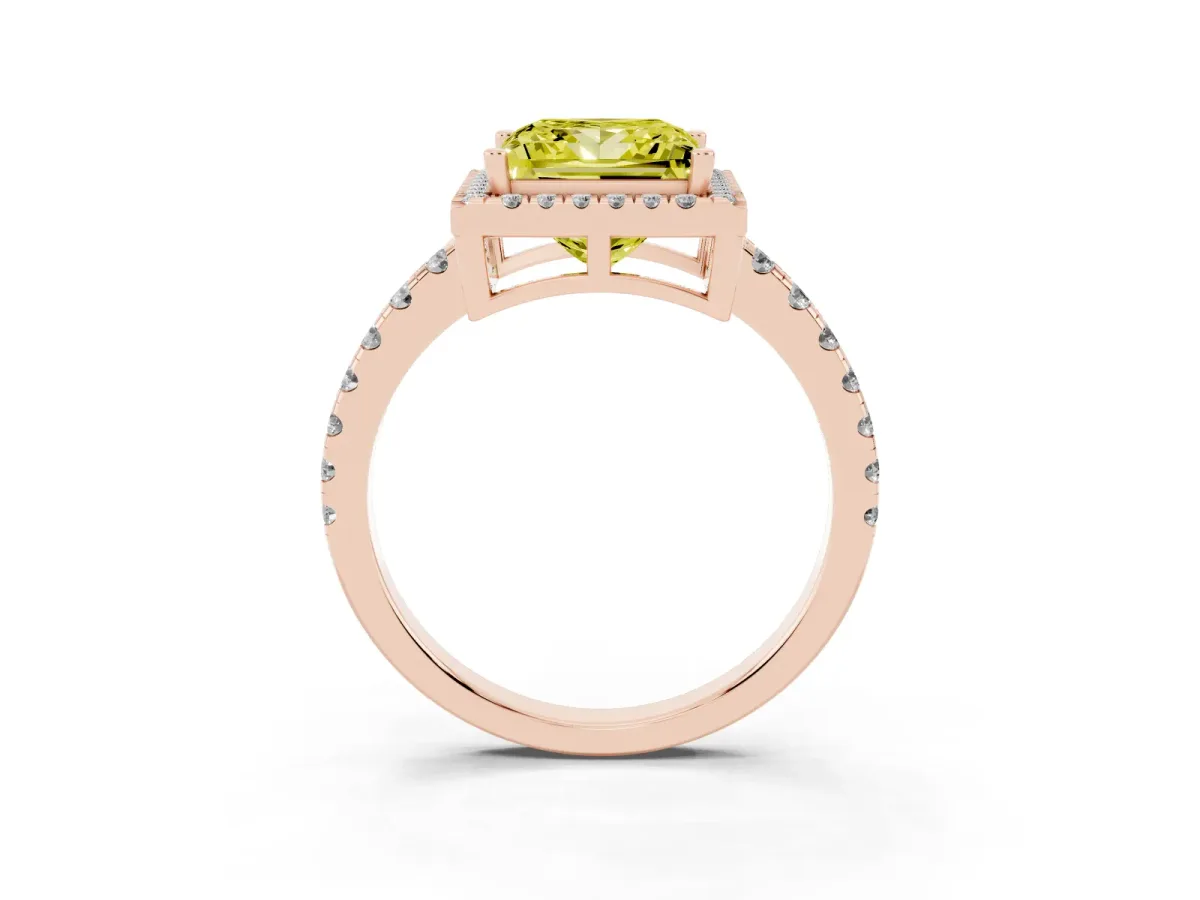 Fancy Yellow Princess Cut Diamond Halo Ring with Pavé Band and Four-Prong Setting Rose gold