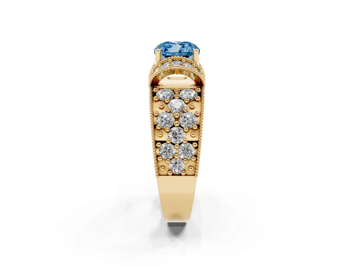 Fancy Blue Cushion Cut Halo Pave Diamond Engagement Ring with Milgrain Detailing Yellow gold