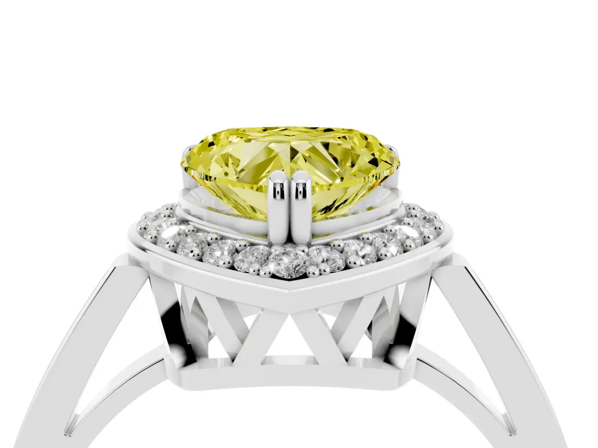 Fancy Yellow Heart Cut Diamond Halo Ring with Split Shank and Four-Prong Setting Silver