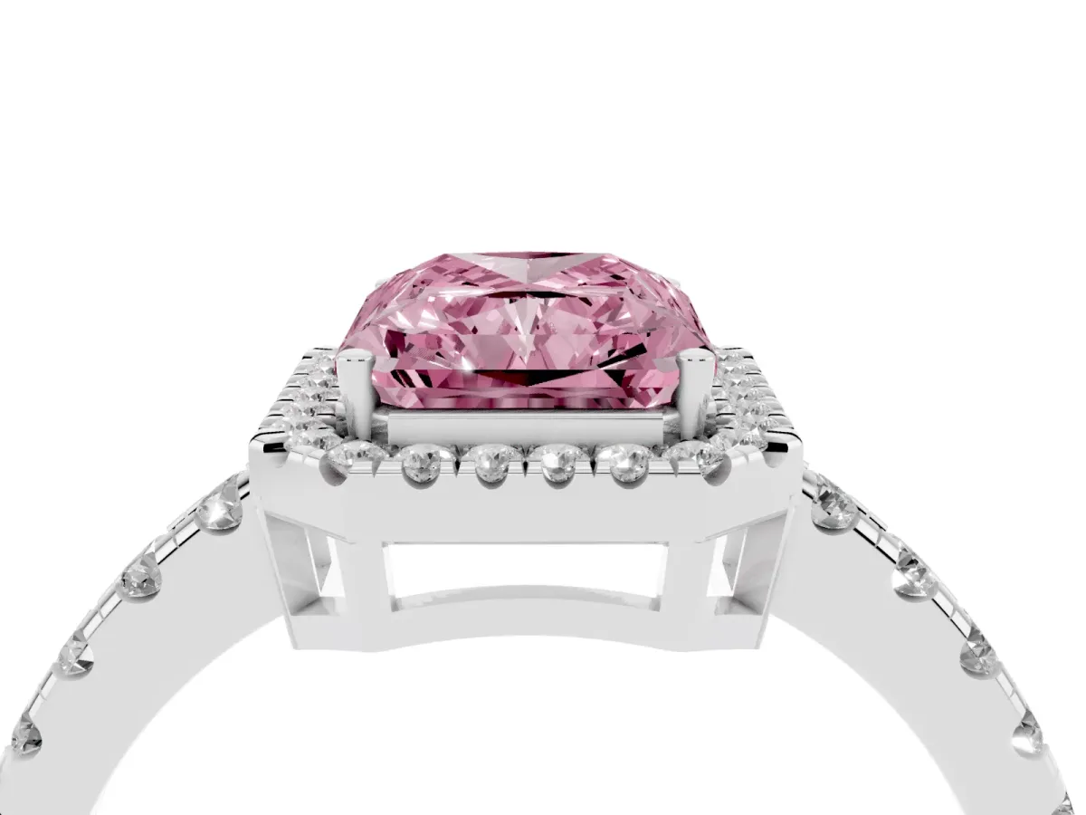 Fancy Pink Radiant Cut Diamond Halo Ring with Pavé Band and Four-Prong Setting White gold