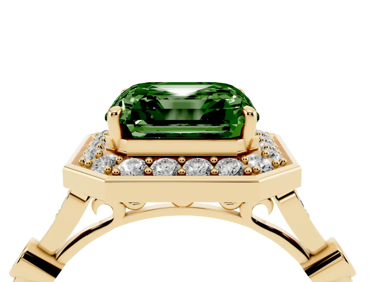 Fancy Green Asscher Cut Halo Diamond Engagement Ring with Twisted Band and Four-Prong Setting Yellow gold