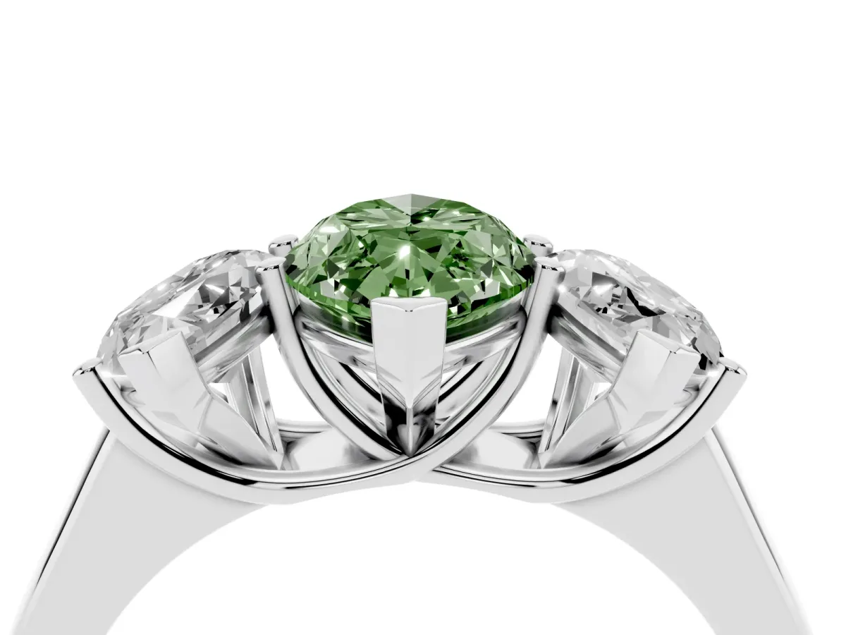 Fancy Green Marquise Cut Three-Stone Diamond Ring with Prong Setting on a Classic Band Silver