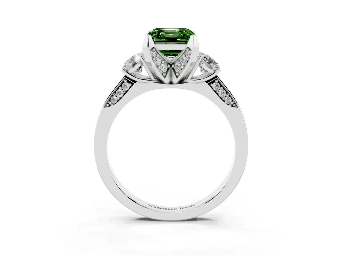 Fancy Green Asscher Cut Brilliant Three-Stone Diamond Ring with Pavé Band and Four-Prong Setting Silver