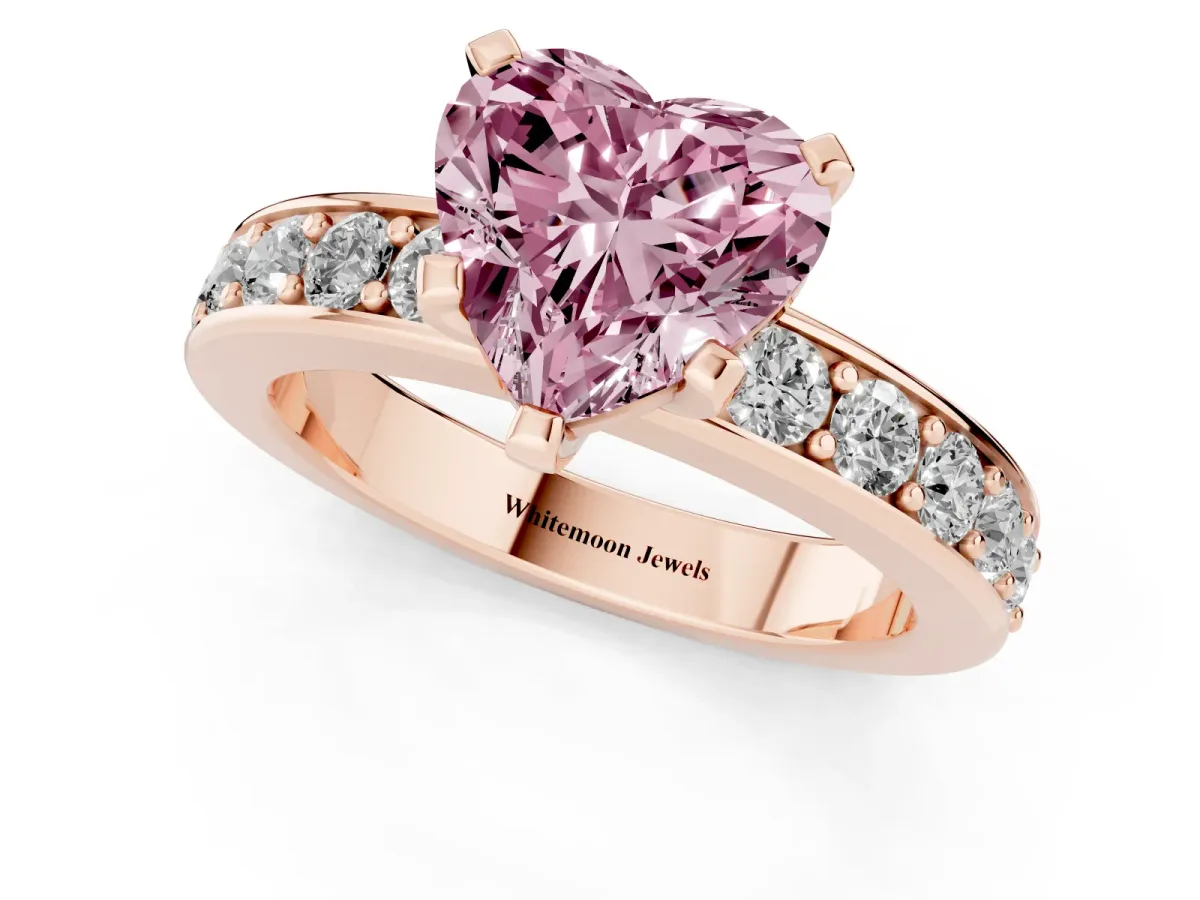 Fancy Pink Heart Cut Diamond Engagement Ring with Channel Set Round Band and Prong Setting Rose gold