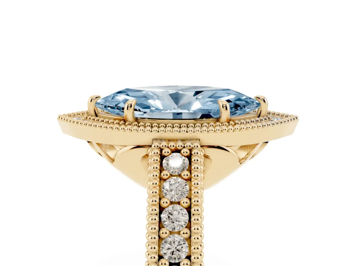 Fancy Blue Marquise Cut Cut Halo Diamond Ring with Pavé Band and Four-Prong Setting Yellow gold