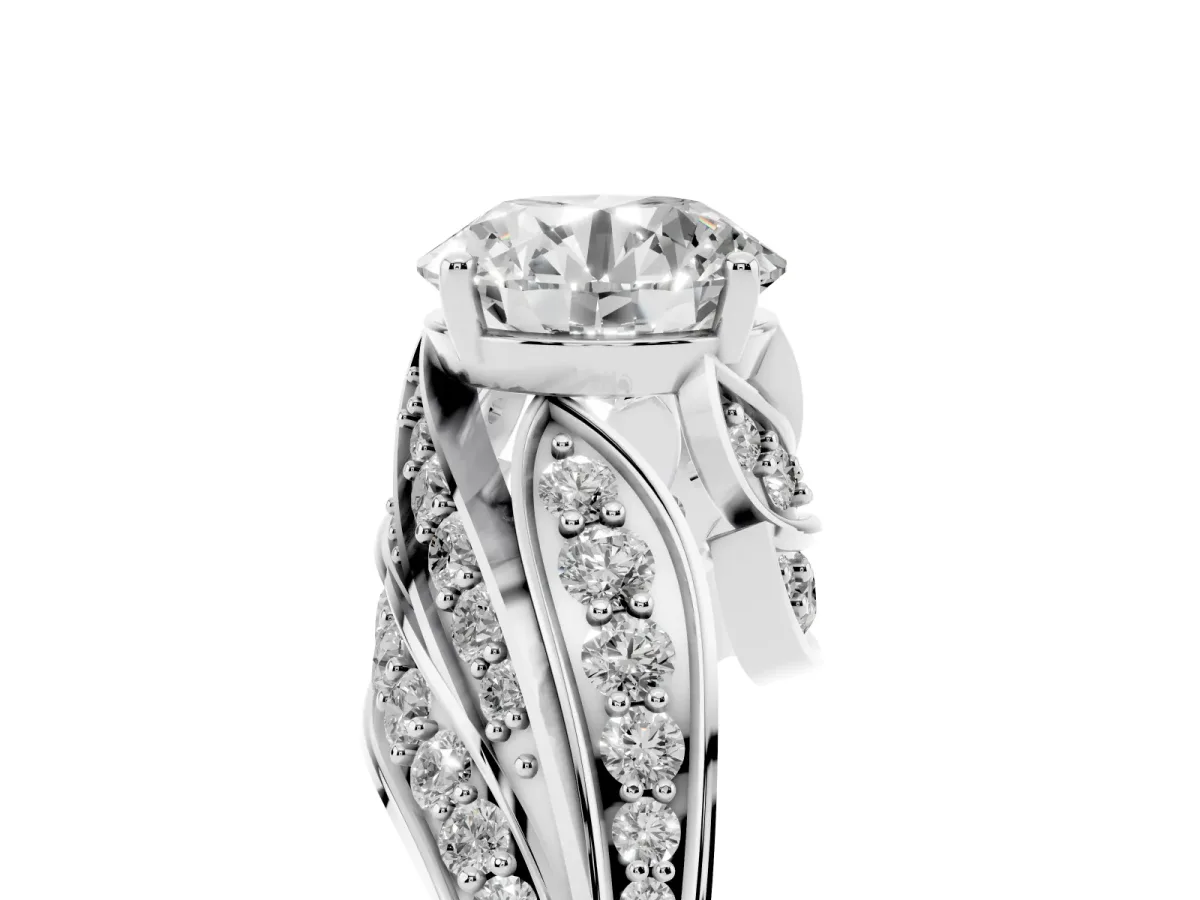 Round Cut Diamond Solitaire Ring with Prong Setting and Twisted Pavé Band Silver