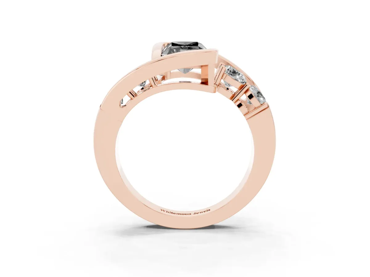 Fancy Black Bezel Set Radiant Cut Diamond Bypass Ring with Round Accents Rose gold