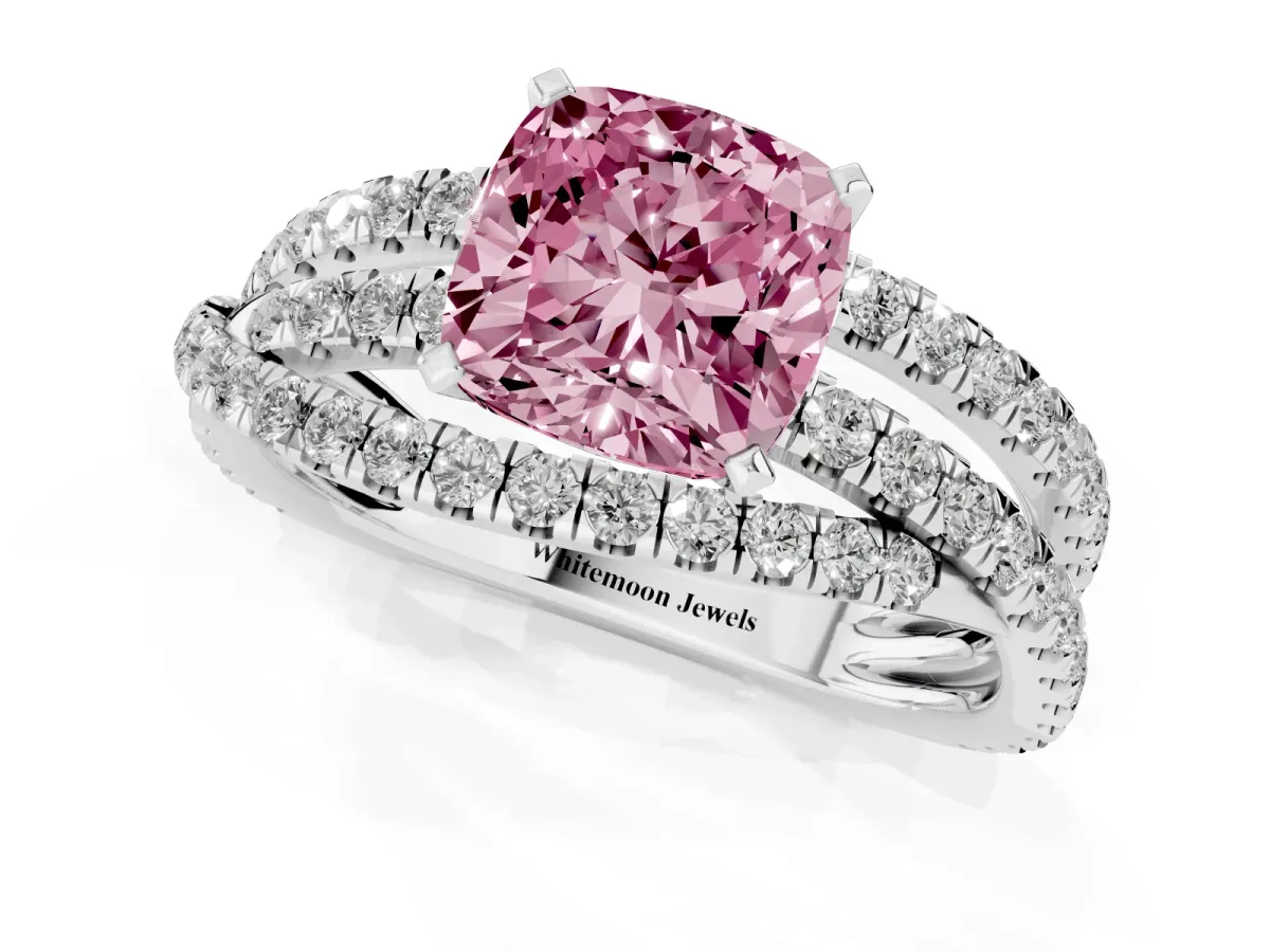 Fancy Pink Cushion Cut Solitaire Twist Band with Pavé Setting and Four-Prong Setting Silver