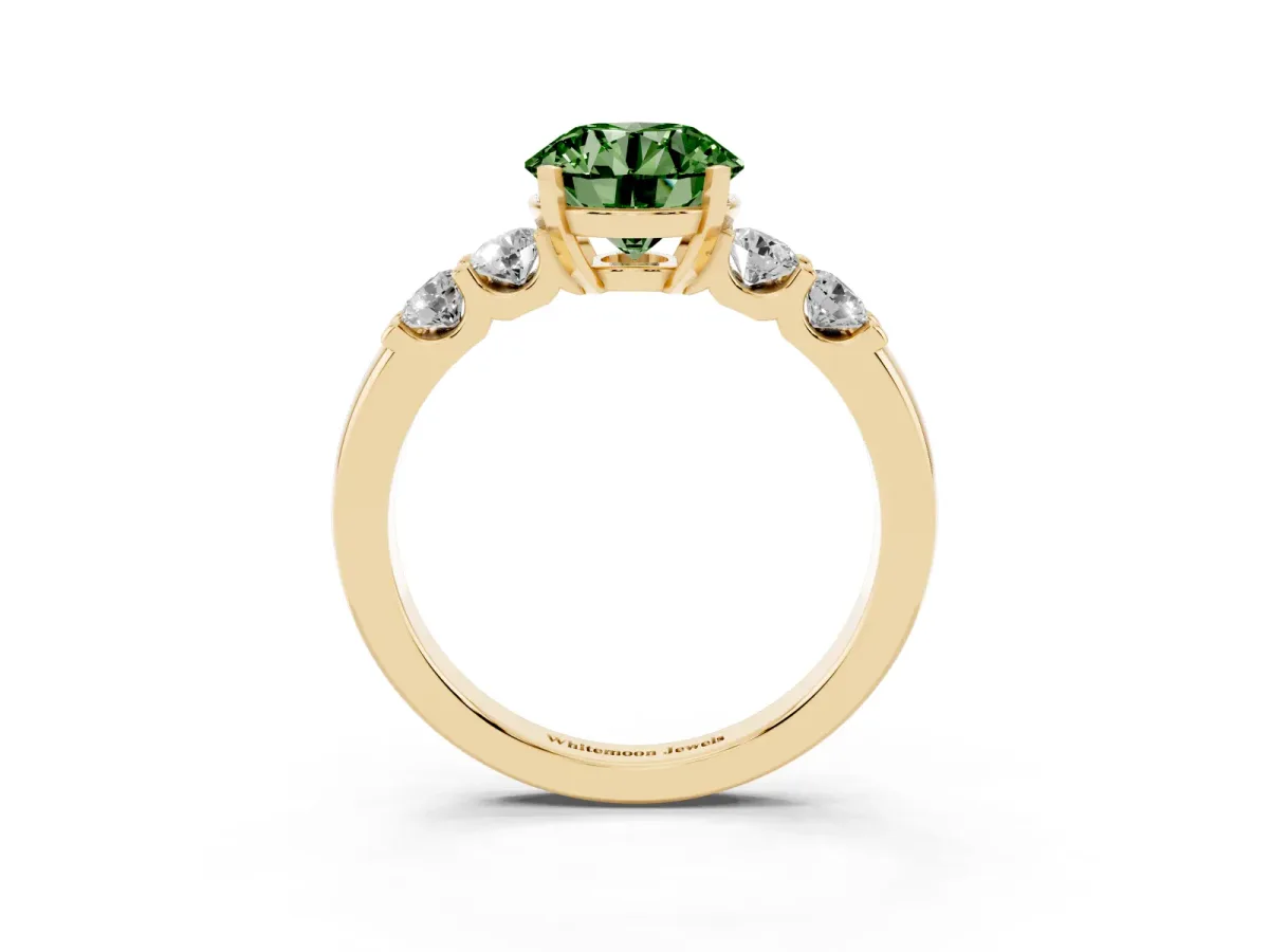 Fancy Green Round Cut Brilliant Cut Diamond Five-Stone Prong Set Engagement Ring with Channel Band Yellow gold